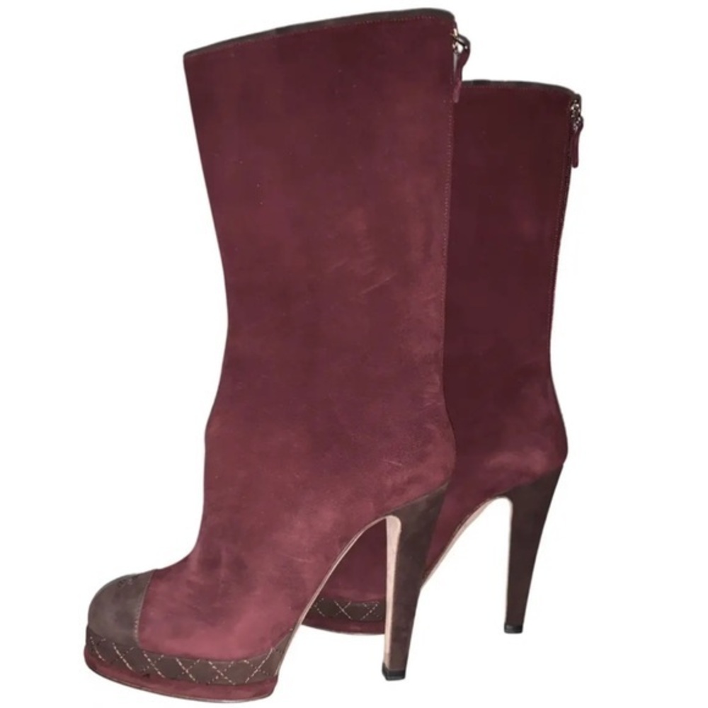 CHANEL Deep Red Suede Heeled Boots